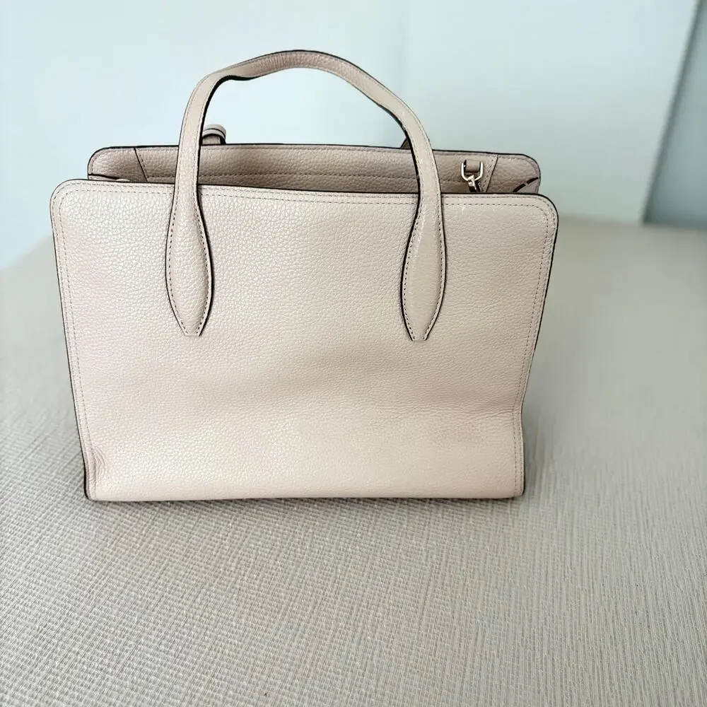 Kate Spade New York Pebbled Leather Tassel Tote Bag Beige Neutral Work Satchel